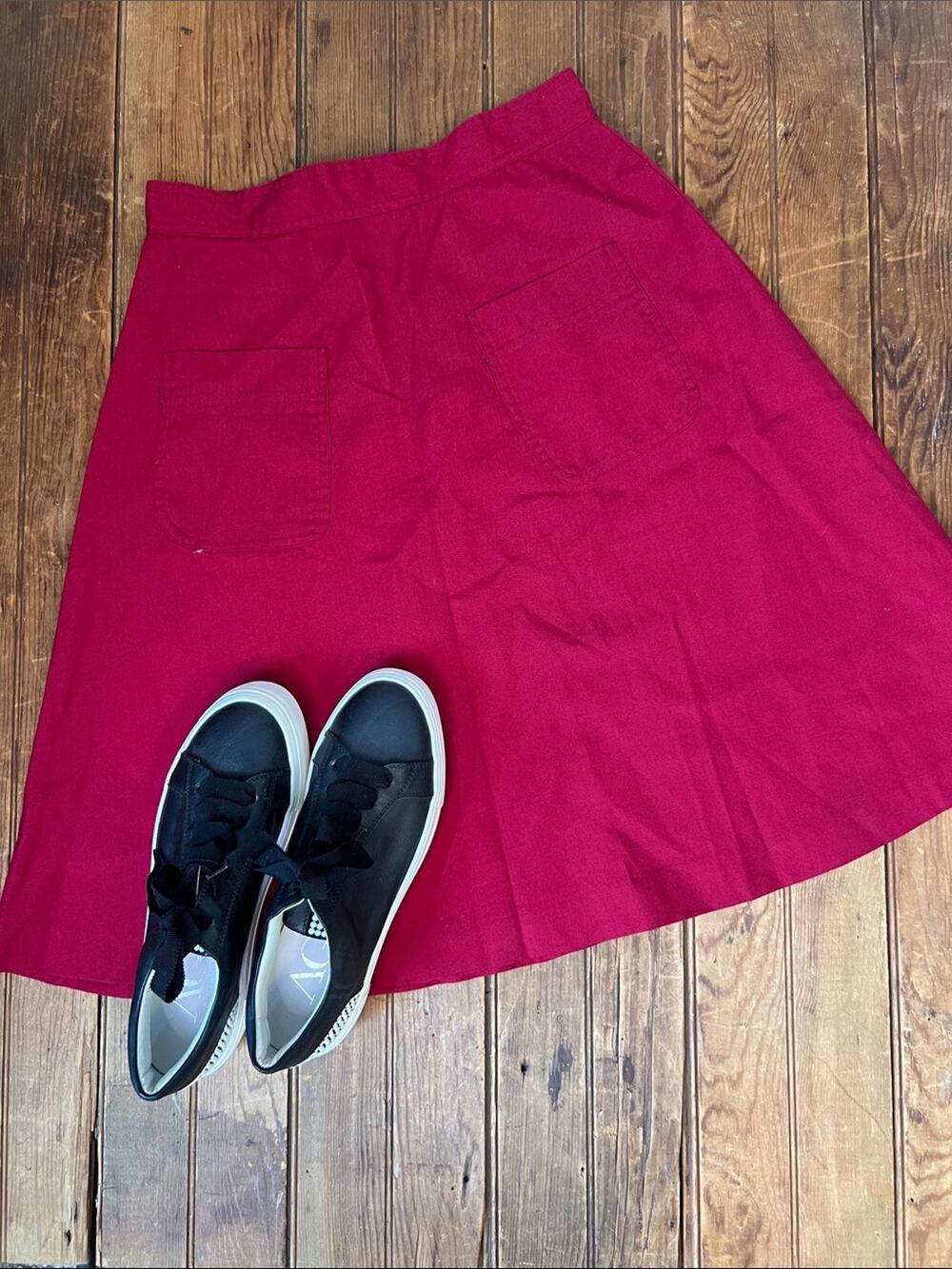 Women's vintage 70s Skirt A-Line knee length cotton Pocket Skirt Deep red size m